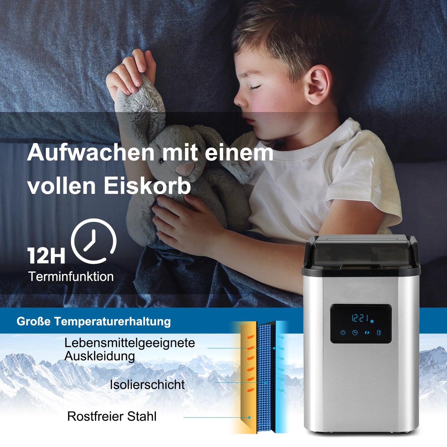 RELAX4LIFE Eiswürfelmaschine Edelstahl 24kg/24h, Kleiner Eiswürfelbereiter mit LED-Anzeige, Timer, Selbstreinigungsfunktion, 2 Einfüllmöglichkeiten, 2,5 L Wassertank & Eisschaufel, Ice Cube Maker