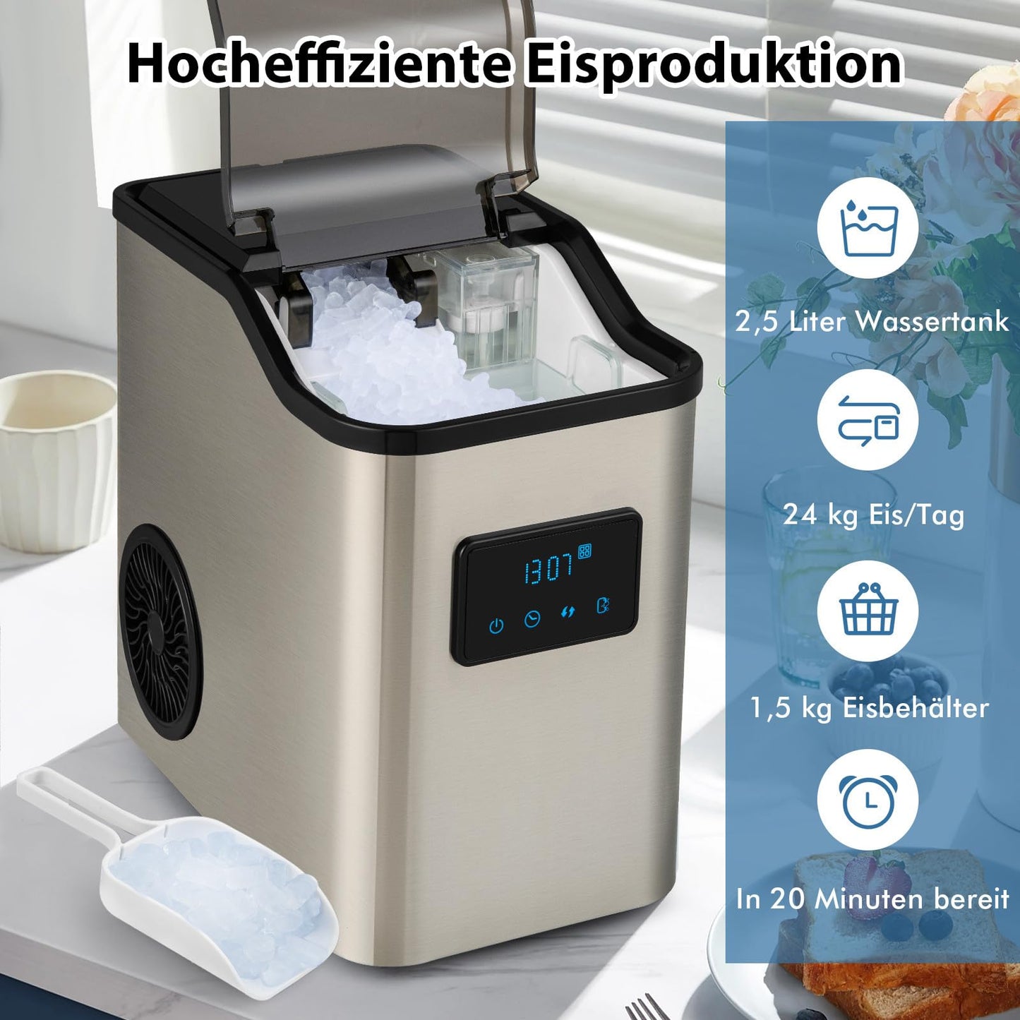 RELAX4LIFE Eiswürfelmaschine Edelstahl 24kg/24h, Kleiner Eiswürfelbereiter mit LED-Anzeige, Timer, Selbstreinigungsfunktion, 2 Einfüllmöglichkeiten, 2,5 L Wassertank & Eisschaufel, Ice Cube Maker