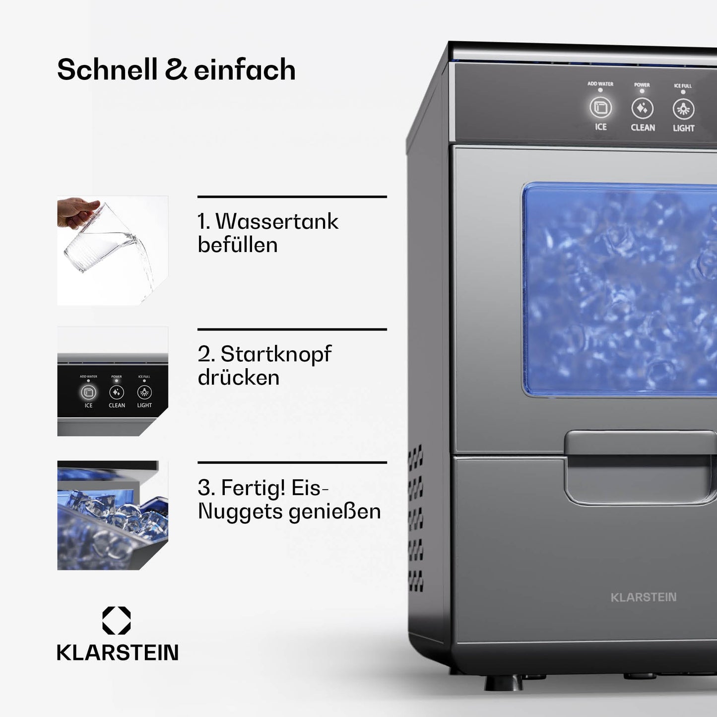 Klarstein 2,2L Eisnugget-Maschine für Zuhause, Camping & Gastro, Schnelle Nuggeteis-Maschine Klein, Profi Eismaschine für Eis Nuggets, Selbstreinigend, 25kg Eis in 24h
