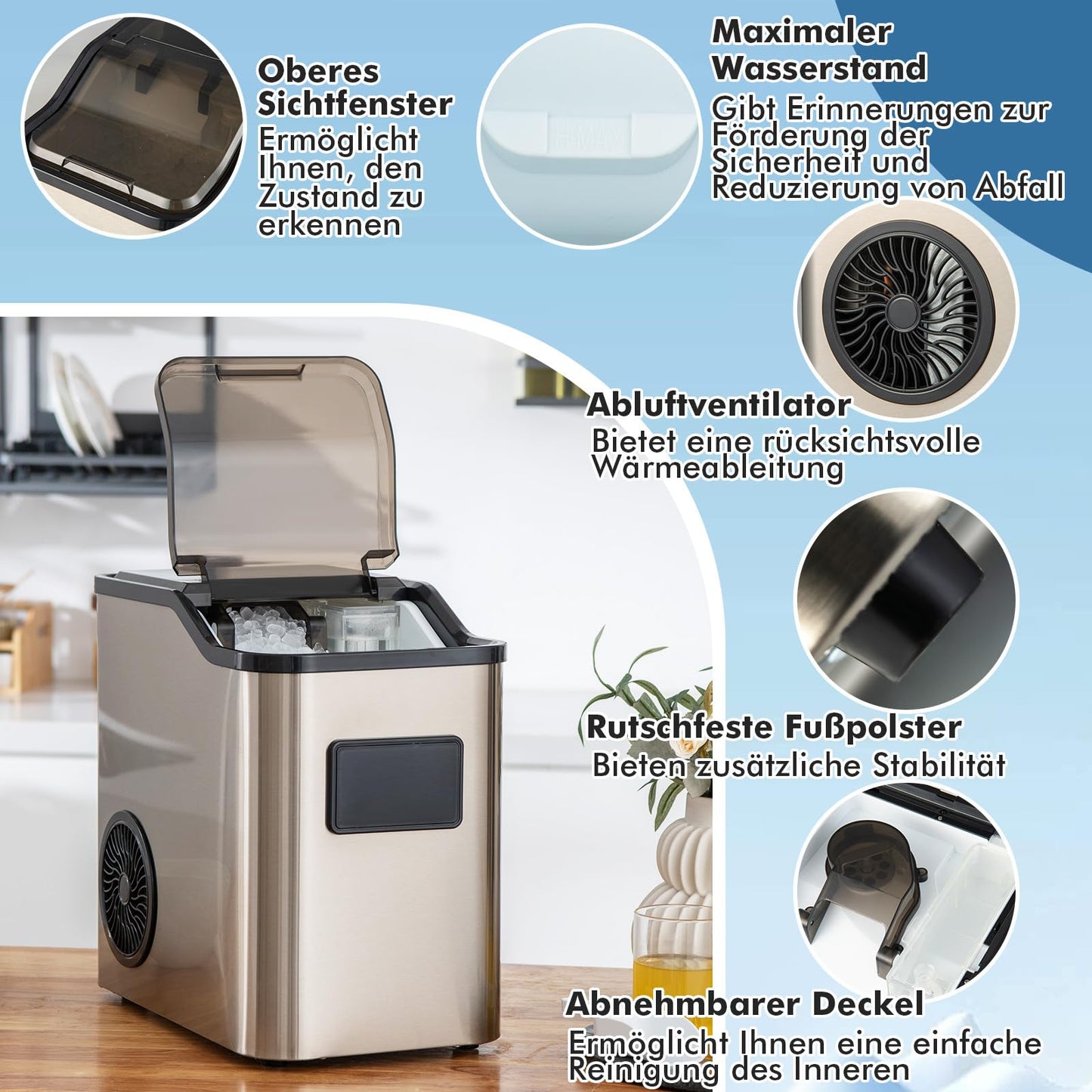 RELAX4LIFE Eiswürfelmaschine Edelstahl 24kg/24h, Kleiner Eiswürfelbereiter mit LED-Anzeige, Timer, Selbstreinigungsfunktion, 2 Einfüllmöglichkeiten, 2,5 L Wassertank & Eisschaufel, Ice Cube Maker
