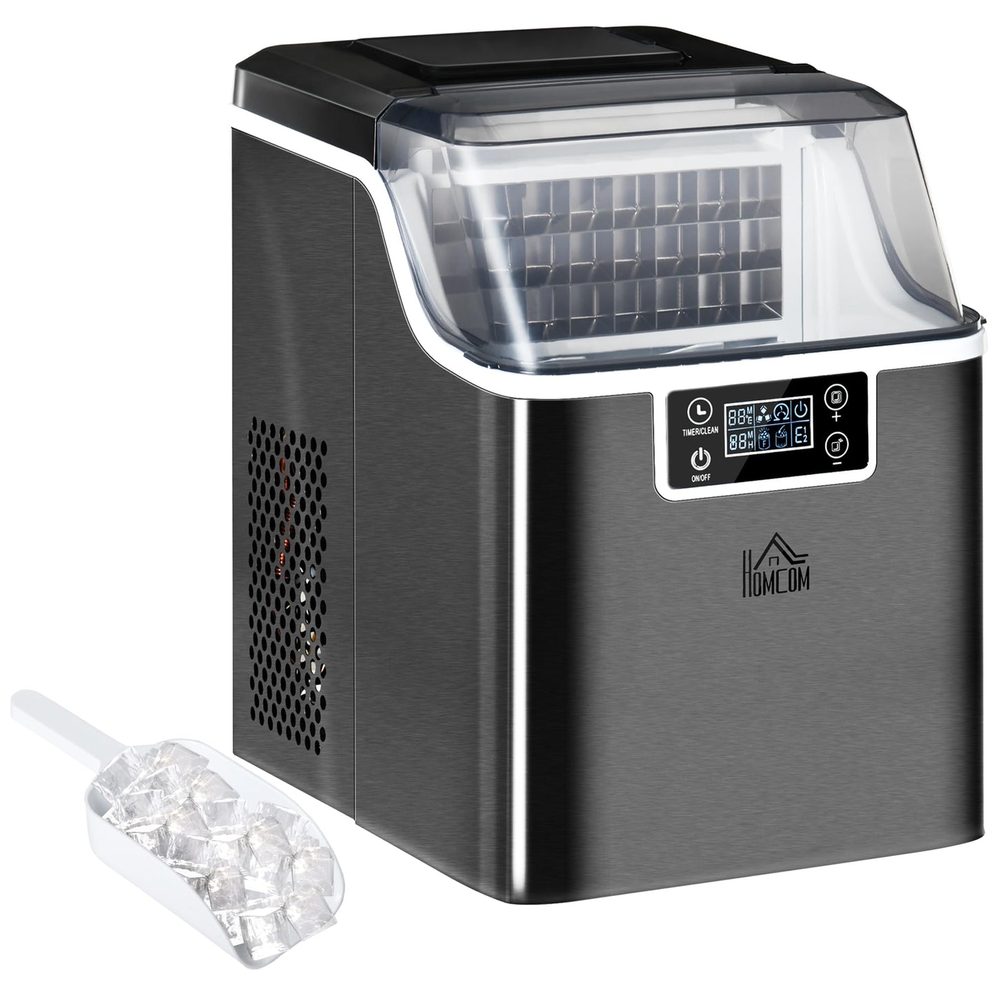 HOMCOM Eiswürfelmaschine, Ice Maker Edelstahl 24 Eiswürfel in 14-18 Min., 20kg/24h, 3,2L Wassertank, Selbstreinigend Eiswürfelbereiter mit 2 Arten der Wasserbefüllung, für Küche, Büro, Party, Schwarz