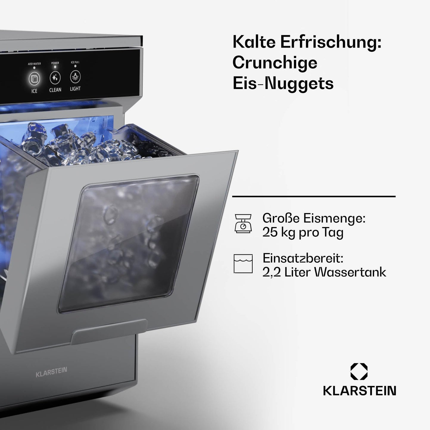 Klarstein 2,2L Eisnugget-Maschine für Zuhause, Camping & Gastro, Schnelle Nuggeteis-Maschine Klein, Profi Eismaschine für Eis Nuggets, Selbstreinigend, 25kg Eis in 24h