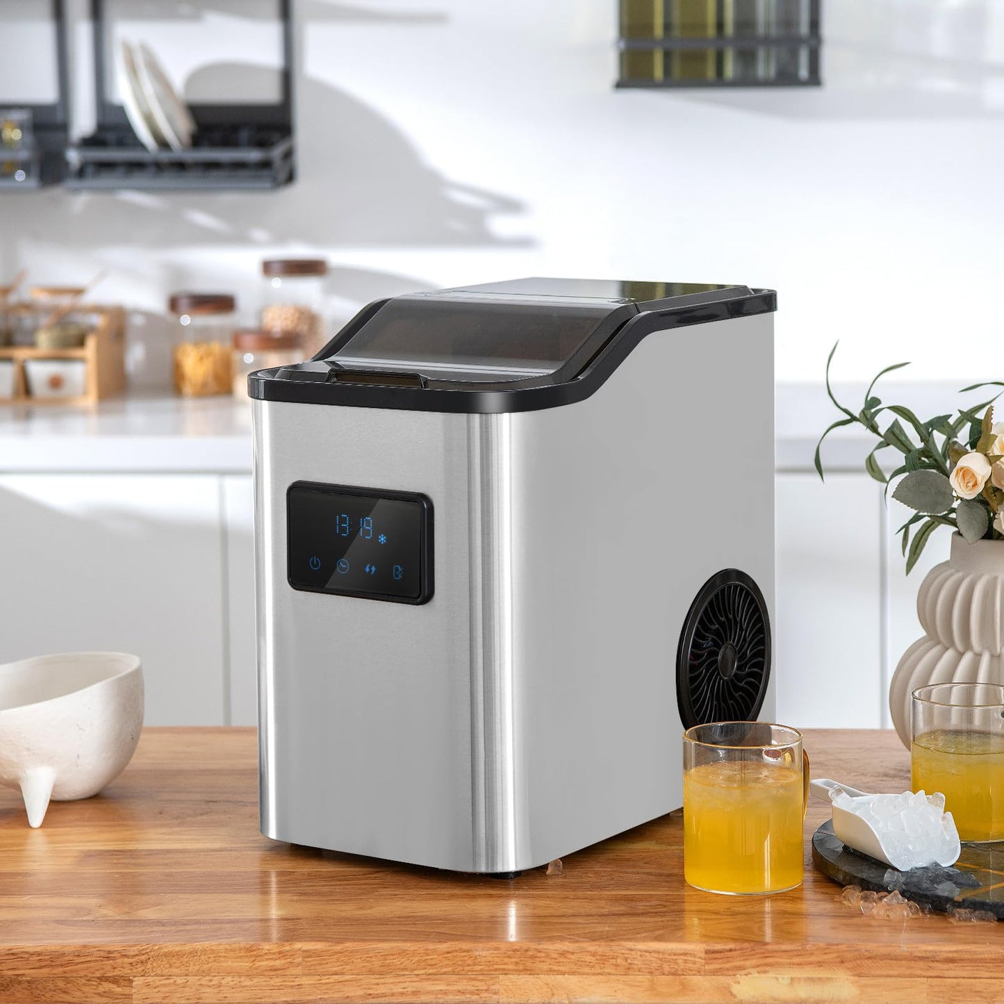 RELAX4LIFE Eiswürfelmaschine Edelstahl 24kg/24h, Kleiner Eiswürfelbereiter mit LED-Anzeige, Timer, Selbstreinigungsfunktion, 2 Einfüllmöglichkeiten, 2,5 L Wassertank & Eisschaufel, Ice Cube Maker