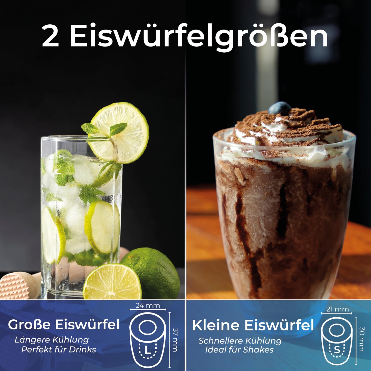 KLAMER Eiswürfelmaschine klein mit Eisschaufel & 2 Eiswürfelgrößen - 10 Eiswürfel in nur 7 Min, 15 kg Eiswürfel pro Tag - leiser Ice Maker mit Timer (schwarz)