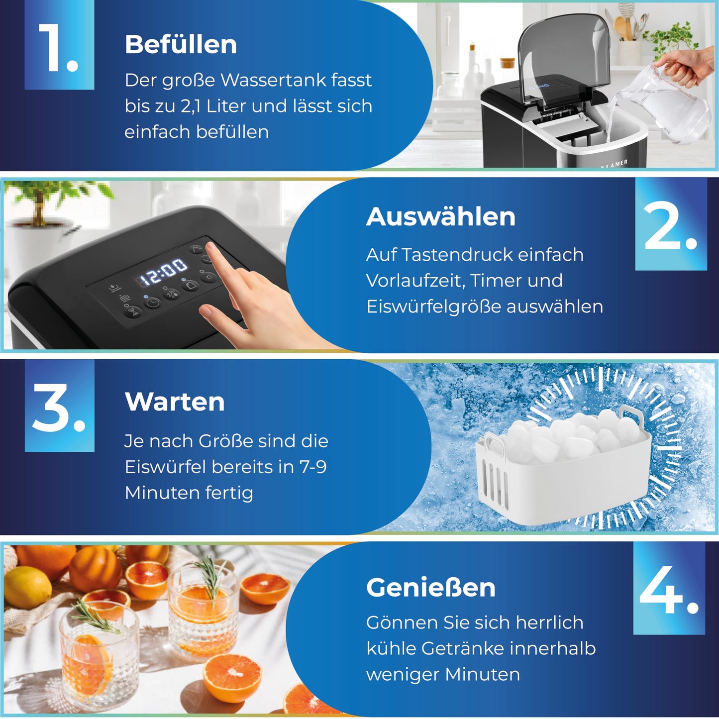 KLAMER Eiswürfelmaschine klein mit Eisschaufel & 2 Eiswürfelgrößen - 10 Eiswürfel in nur 7 Min, 15 kg Eiswürfel pro Tag - leiser Ice Maker mit Timer (schwarz)