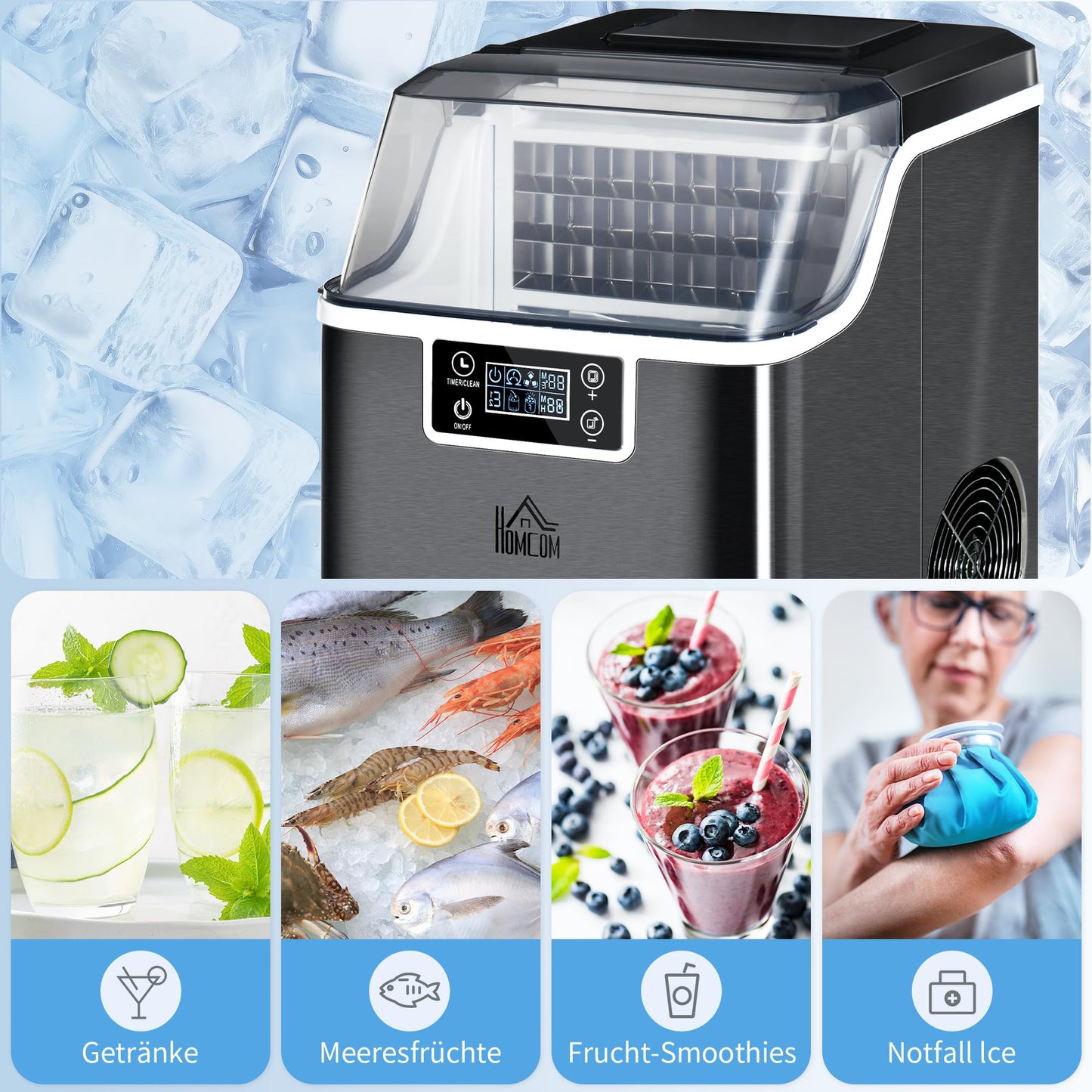 HOMCOM Eiswürfelmaschine, Ice Maker Edelstahl 24 Eiswürfel in 14-18 Min., 20kg/24h, 3,2L Wassertank, Selbstreinigend Eiswürfelbereiter mit 2 Arten der Wasserbefüllung, für Küche, Büro, Party, Schwarz