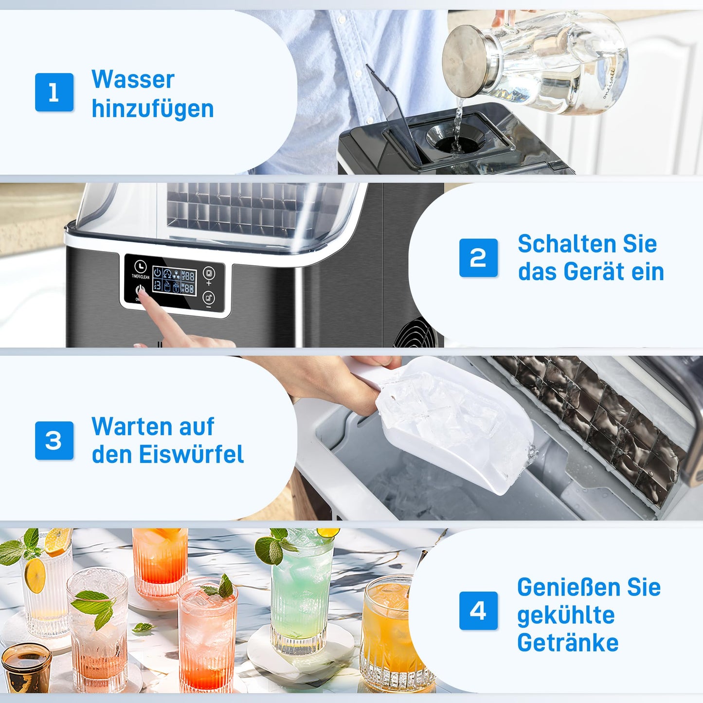 HOMCOM Eiswürfelmaschine, Ice Maker Edelstahl 24 Eiswürfel in 14-18 Min., 20kg/24h, 3,2L Wassertank, Selbstreinigend Eiswürfelbereiter mit 2 Arten der Wasserbefüllung, für Küche, Büro, Party, Schwarz