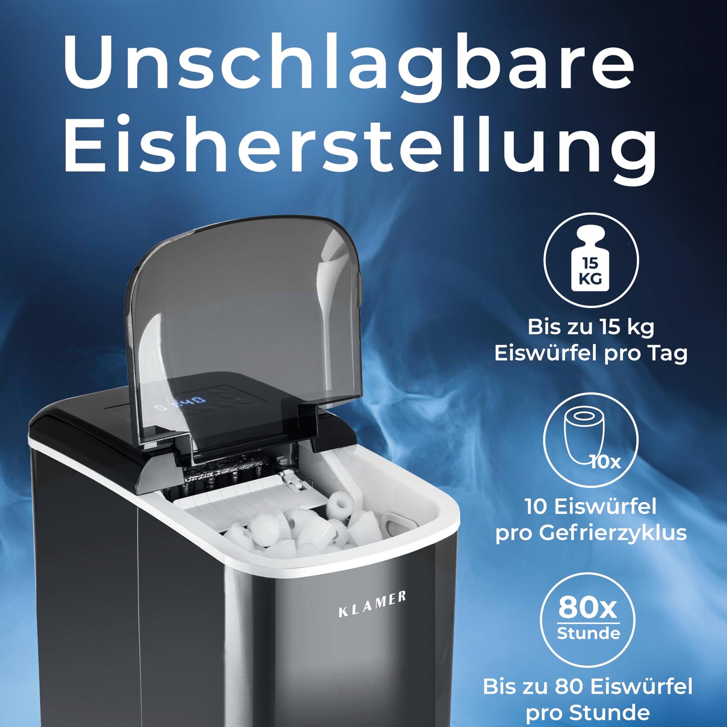 KLAMER Eiswürfelmaschine klein mit Eisschaufel & 2 Eiswürfelgrößen - 10 Eiswürfel in nur 7 Min, 15 kg Eiswürfel pro Tag - leiser Ice Maker mit Timer (schwarz)