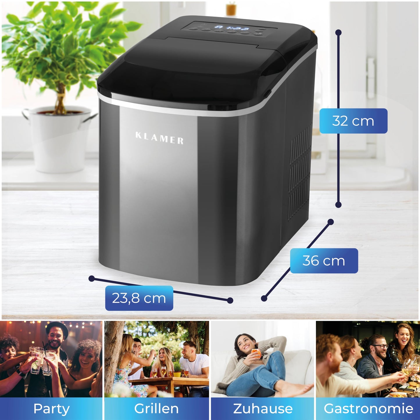 KLAMER Eiswürfelmaschine klein mit Eisschaufel & 2 Eiswürfelgrößen - 10 Eiswürfel in nur 7 Min, 15 kg Eiswürfel pro Tag - leiser Ice Maker mit Timer (schwarz)