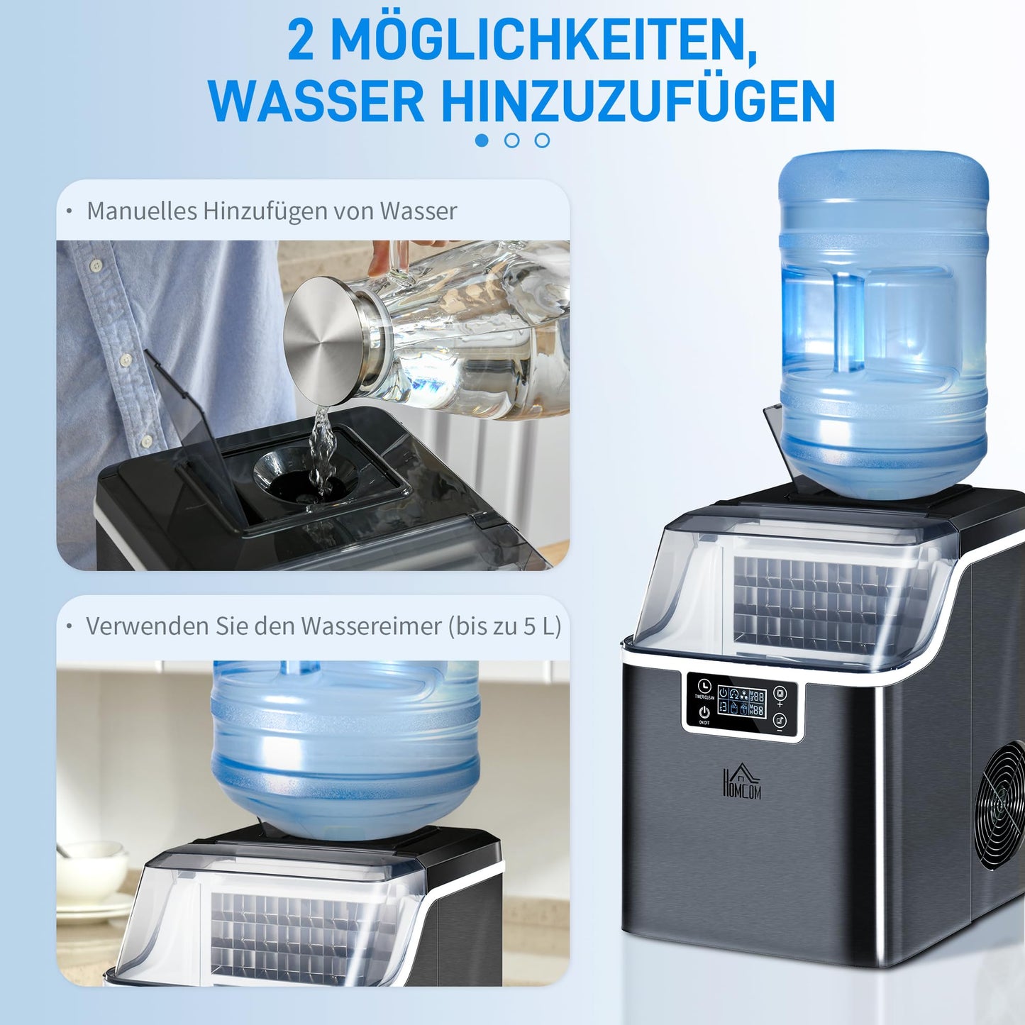 HOMCOM Eiswürfelmaschine, Ice Maker Edelstahl 24 Eiswürfel in 14-18 Min., 20kg/24h, 3,2L Wassertank, Selbstreinigend Eiswürfelbereiter mit 2 Arten der Wasserbefüllung, für Küche, Büro, Party, Schwarz