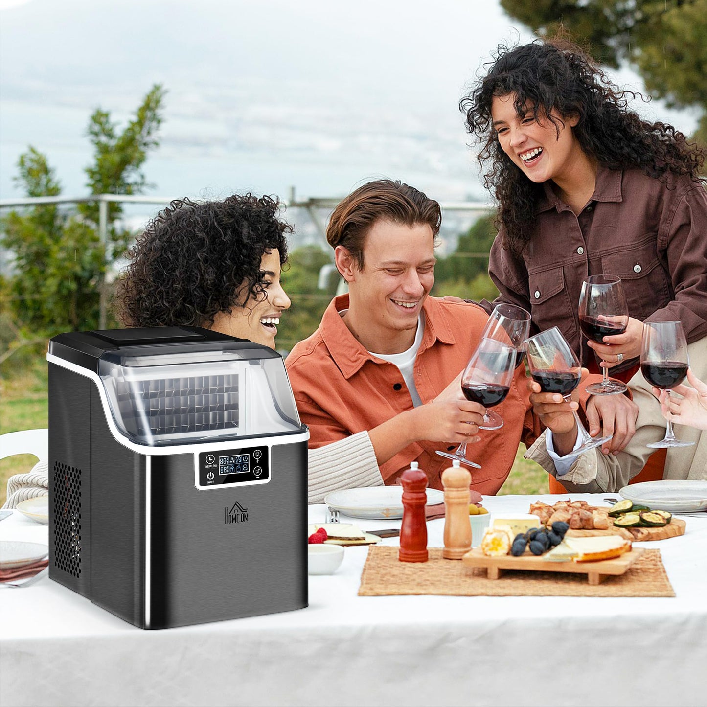 HOMCOM Eiswürfelmaschine, Ice Maker Edelstahl 24 Eiswürfel in 14-18 Min., 20kg/24h, 3,2L Wassertank, Selbstreinigend Eiswürfelbereiter mit 2 Arten der Wasserbefüllung, für Küche, Büro, Party, Schwarz