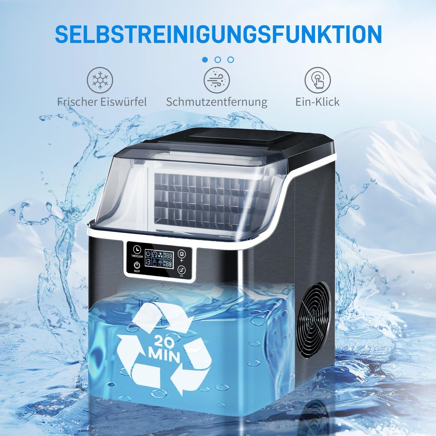 HOMCOM Eiswürfelmaschine, Ice Maker Edelstahl 24 Eiswürfel in 14-18 Min., 20kg/24h, 3,2L Wassertank, Selbstreinigend Eiswürfelbereiter mit 2 Arten der Wasserbefüllung, für Küche, Büro, Party, Schwarz