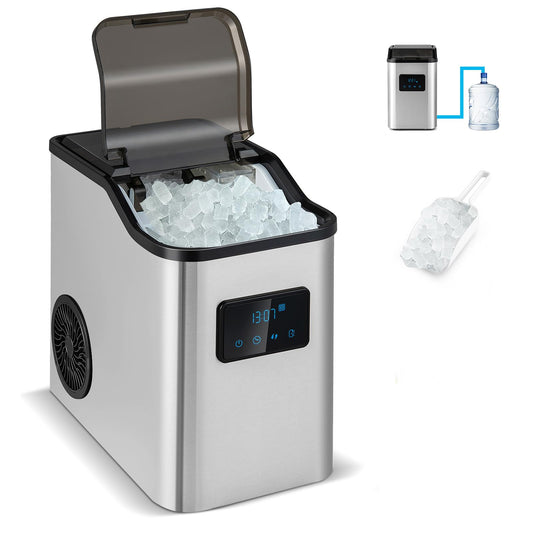 RELAX4LIFE Eiswürfelmaschine Edelstahl 24kg/24h, Kleiner Eiswürfelbereiter mit LED-Anzeige, Timer, Selbstreinigungsfunktion, 2 Einfüllmöglichkeiten, 2,5 L Wassertank & Eisschaufel, Ice Cube Maker
