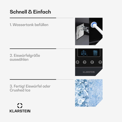 Klarstein Eiswürfelmaschine für Zuhause Camping Gastro, Schnelle Mini-Eiswürfelmaschine Klein, Profi Eismaschine für Crushed Eis, Große & Kleine Eiswürfel, 1,8L Wassertank, 15kg Eis in 24h
