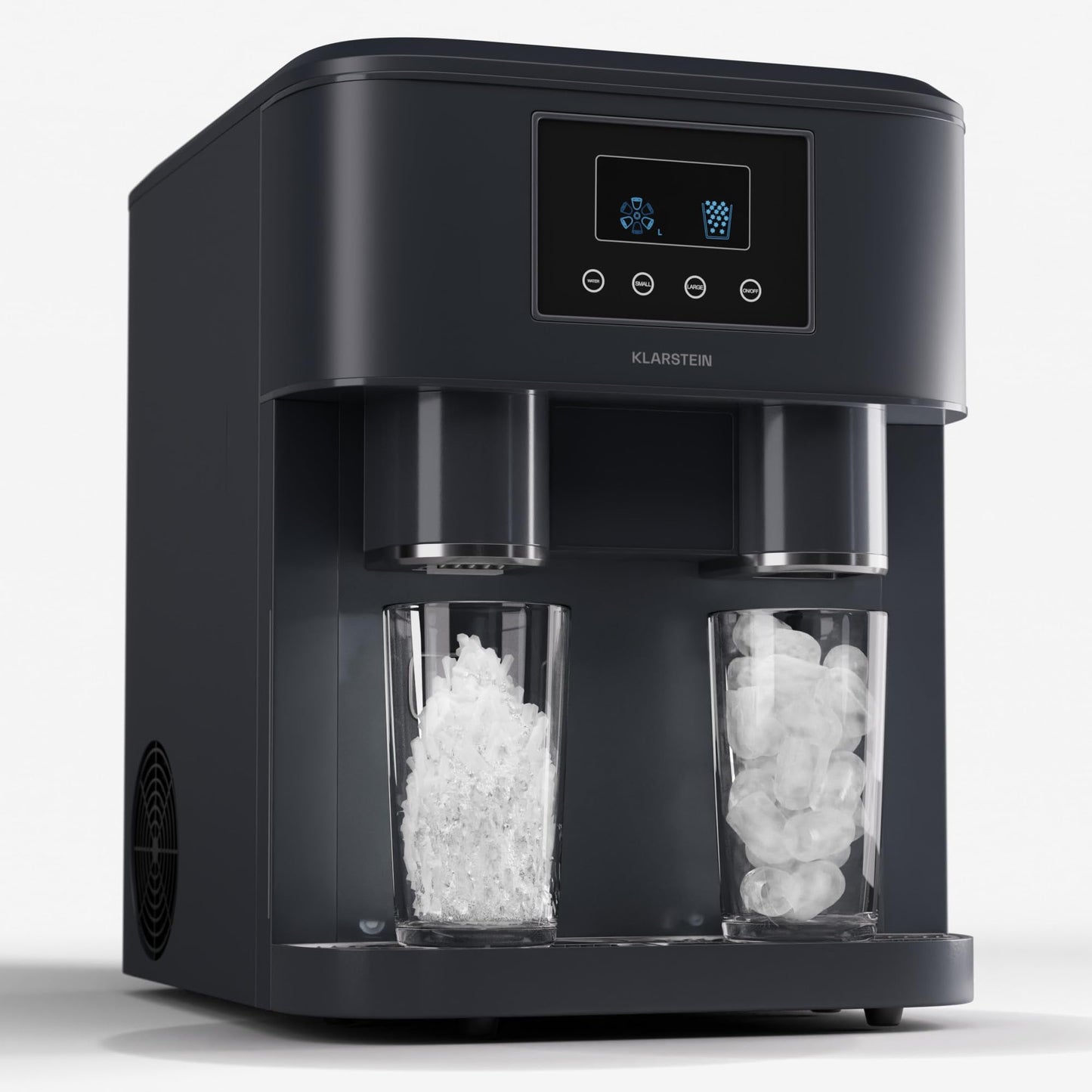 Klarstein Eiswürfelmaschine für Zuhause Camping Gastro, Schnelle Mini-Eiswürfelmaschine Klein, Profi Eismaschine für Crushed Eis, Große & Kleine Eiswürfel, 1,8L Wassertank, 15kg Eis in 24h