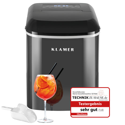 KLAMER Eiswürfelmaschine klein mit Eisschaufel & 2 Eiswürfelgrößen - 10 Eiswürfel in nur 7 Min, 15 kg Eiswürfel pro Tag - leiser Ice Maker mit Timer (schwarz)