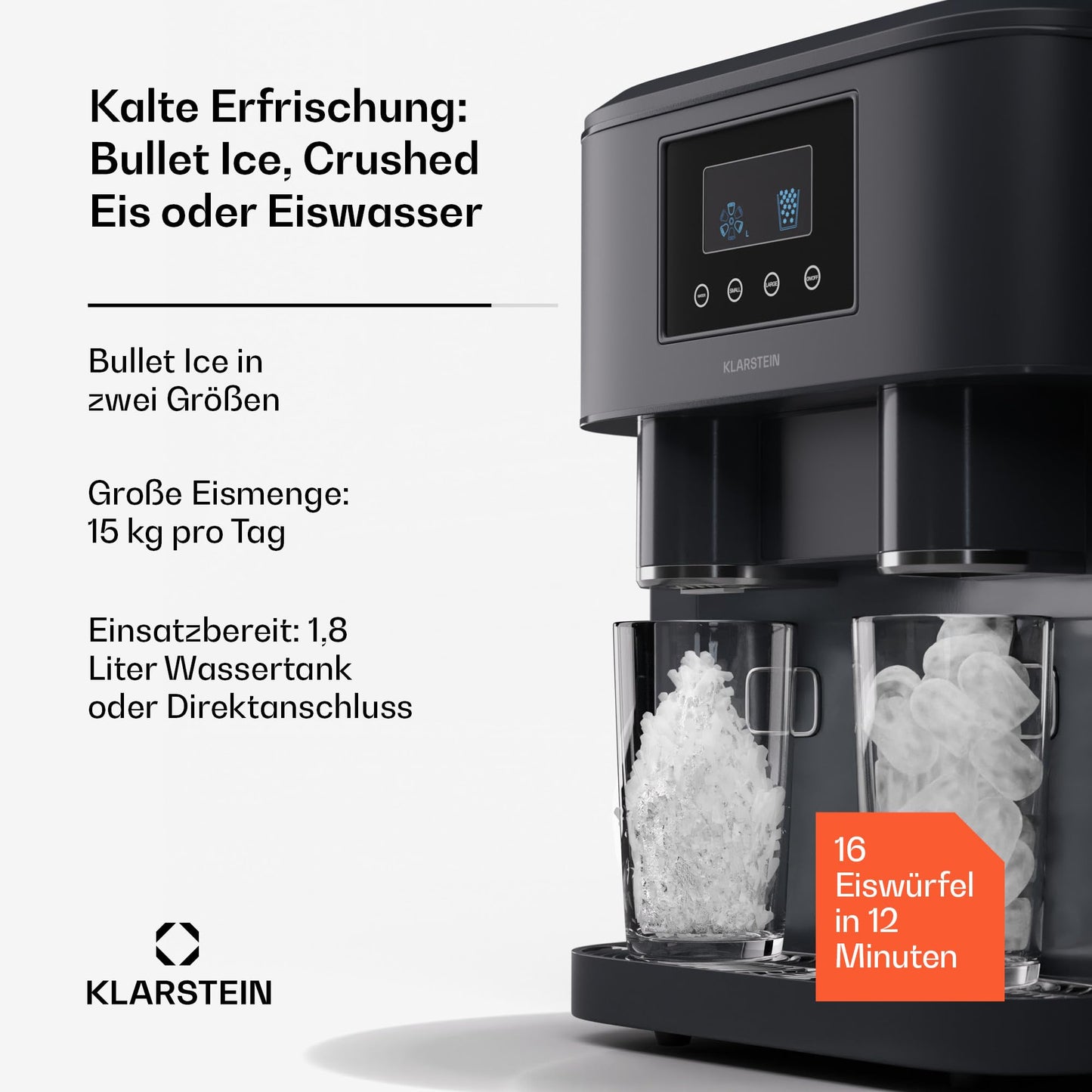 Klarstein Eiswürfelmaschine für Zuhause Camping Gastro, Schnelle Mini-Eiswürfelmaschine Klein, Profi Eismaschine für Crushed Eis, Große & Kleine Eiswürfel, 1,8L Wassertank, 15kg Eis in 24h