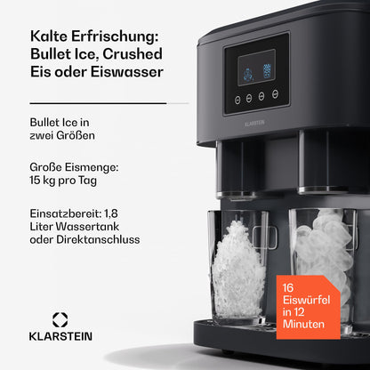 Klarstein Eiswürfelmaschine für Zuhause Camping Gastro, Schnelle Mini-Eiswürfelmaschine Klein, Profi Eismaschine für Crushed Eis, Große & Kleine Eiswürfel, 1,8L Wassertank, 15kg Eis in 24h