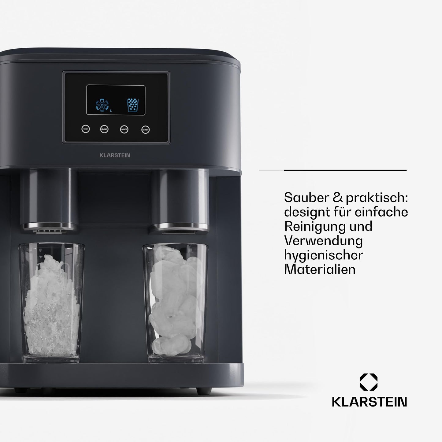 Klarstein Eiswürfelmaschine für Zuhause Camping Gastro, Schnelle Mini-Eiswürfelmaschine Klein, Profi Eismaschine für Crushed Eis, Große & Kleine Eiswürfel, 1,8L Wassertank, 15kg Eis in 24h